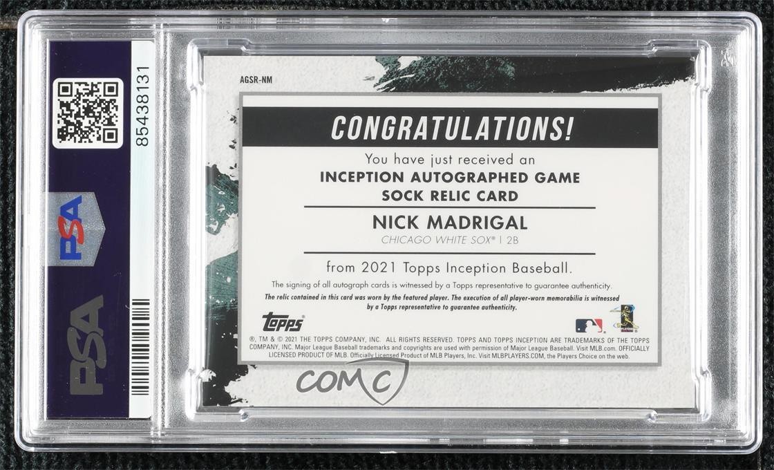 2021 Topps Inception Game Socks Relics 9/25 Nick Madrigal PSA 8 Rookie Auto RC view 2