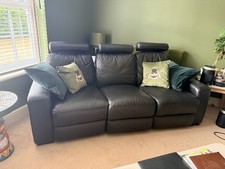 Black Leather Three Seater Reclining Sofa with Headrests Great Condition