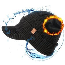 Waterproof Beanie Hat for Men Women - Winter Knit Skull Cap with Brim, Warm