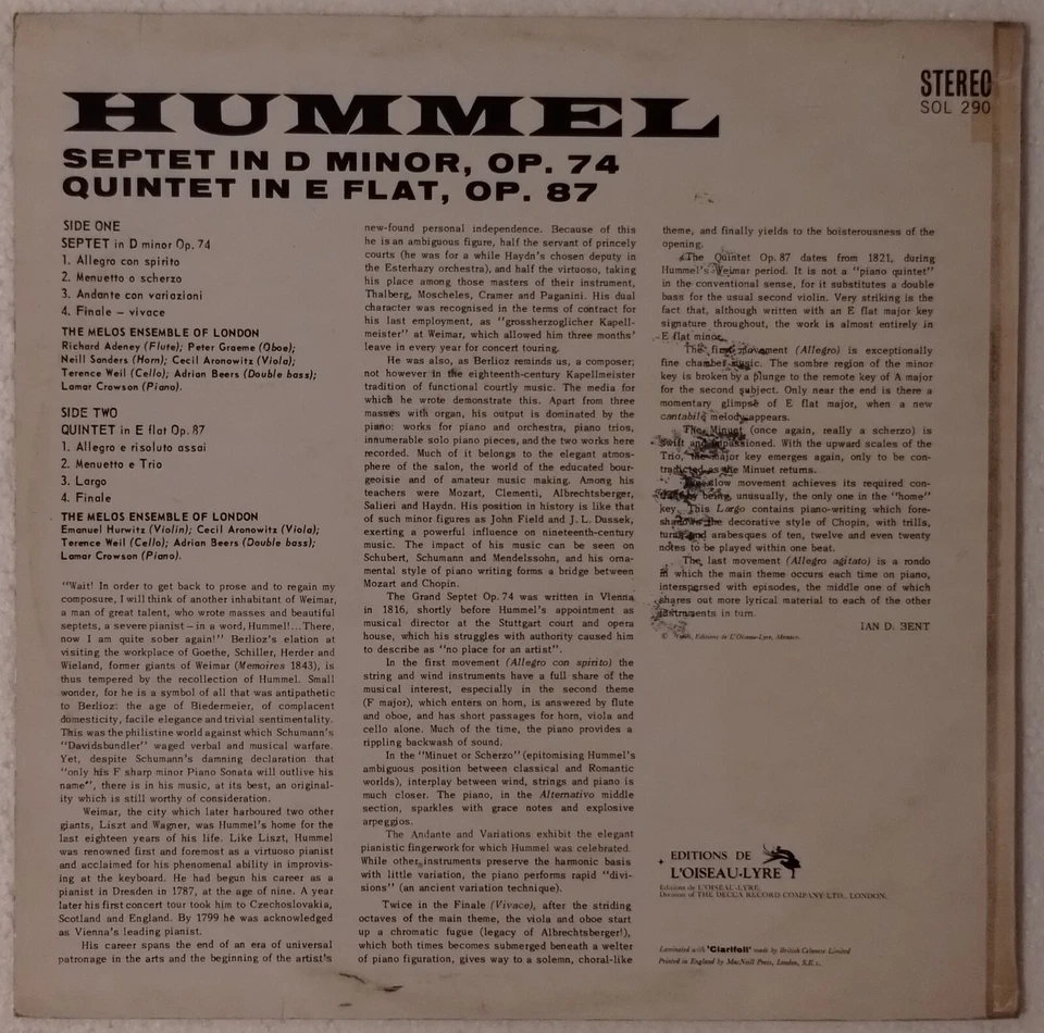 HUMMEL SEPTET IN D MINOR UK LOISAU-LYRE SOL 290 MELOS ENSEMBLE 1966 VINYL LP VG+ - Image 2 of 4