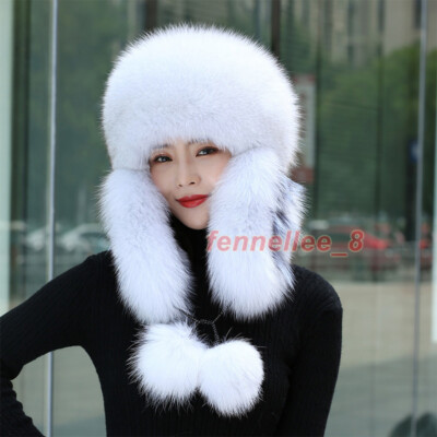 Women's 100% Real Fox Fur Hat Trapper Ushanka Cap Warm Earflap Ski
