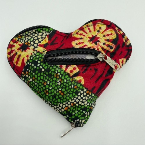 Handmade Tote Bag Heart Shape Zip-Up Fabric Batik Print Red Green Change Pocket - Picture 6 of 11
