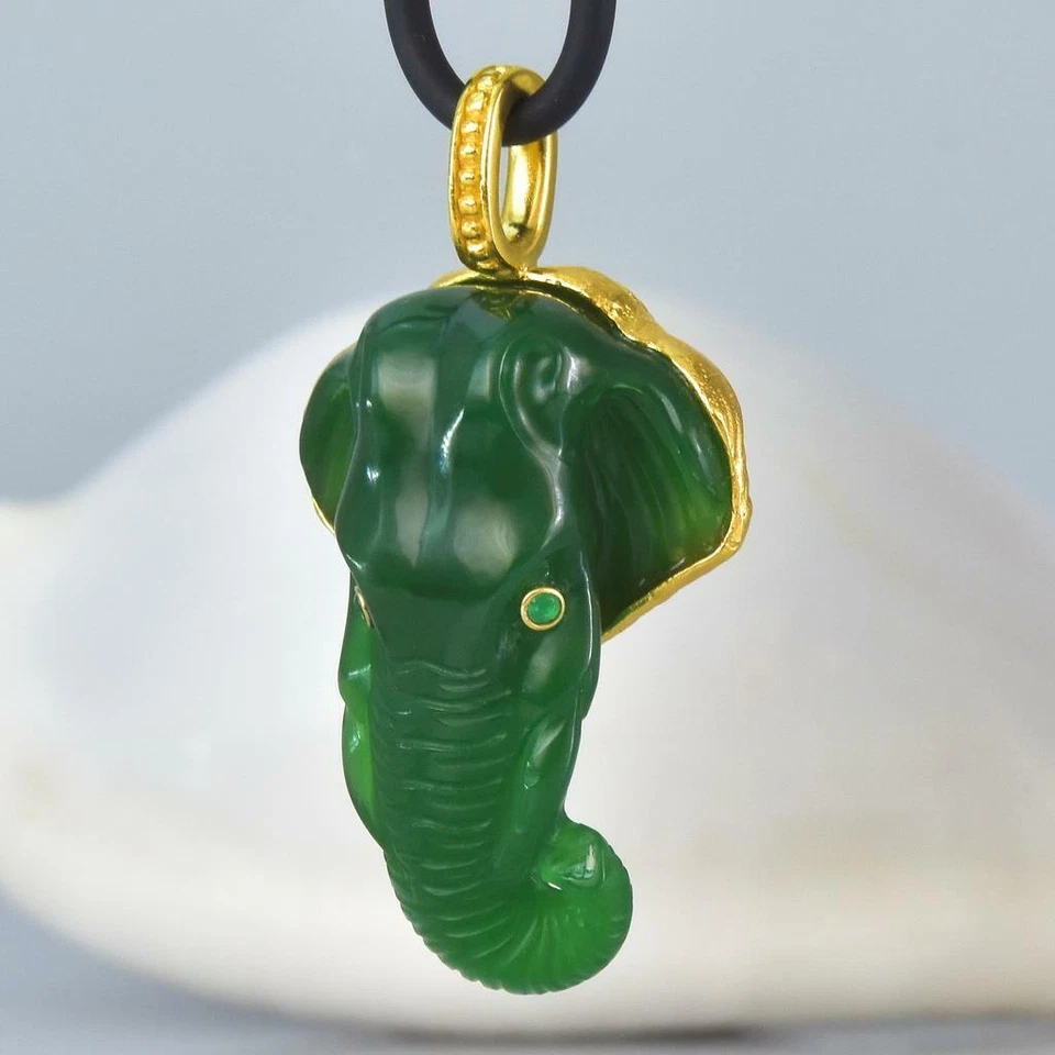 Gold Vermeil Sterling Smaragd Grün Chalzedon Asiatisch Elefant Anhänger 10.27 G - Bild 3 von 4