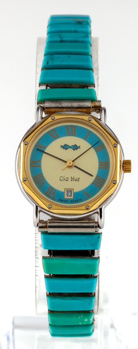 Unique! Clio Blue Quartz Watch with Turquoise Stretch Band 34.8gr