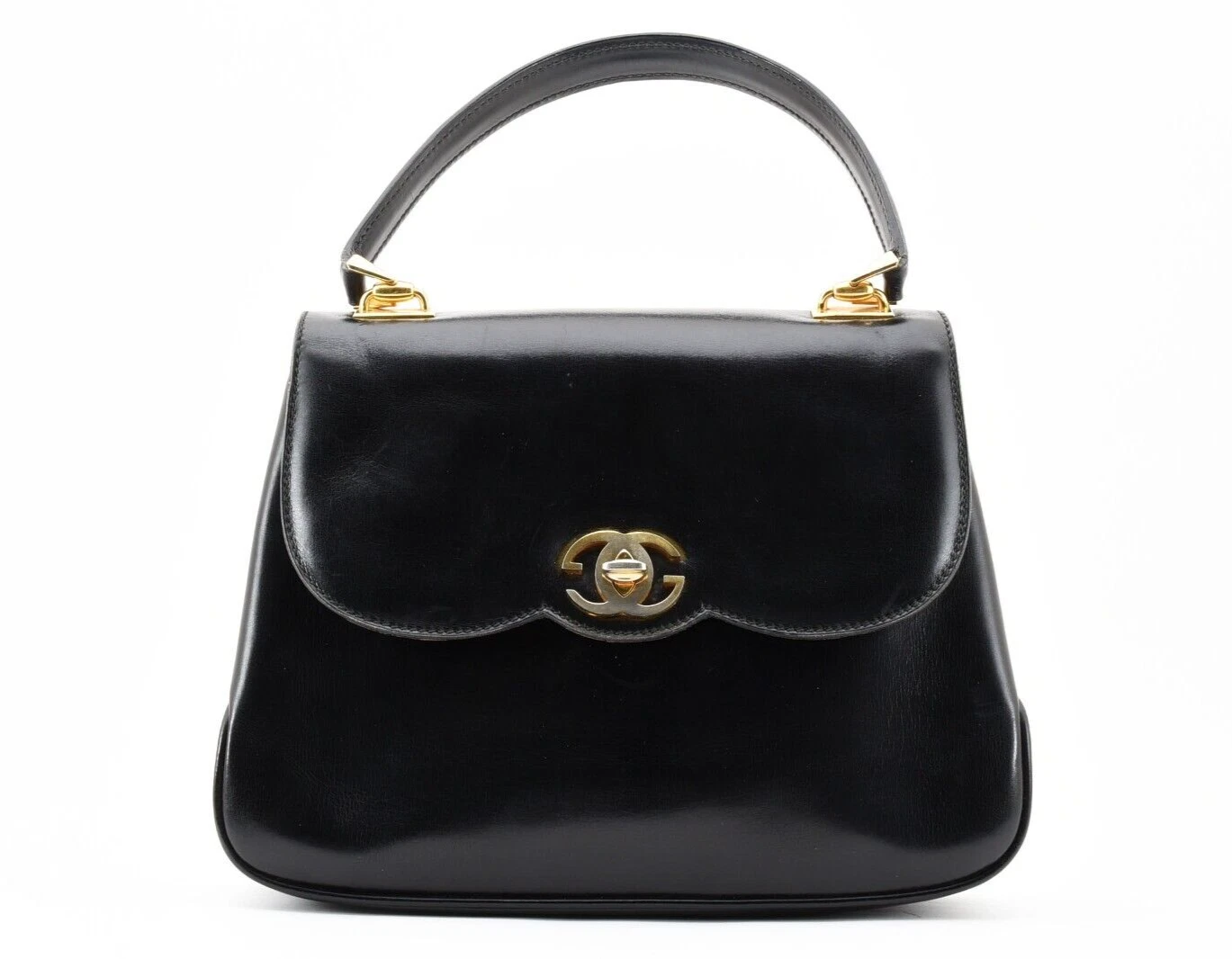 Rare !! Sac à main vintage GUCCI [Rang AB] sac à main serrure à tournant cuir de veau noir or