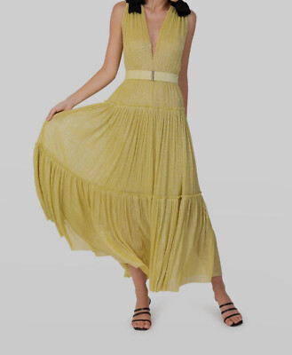 $412 Sabina Musayev Women's Yellow Metallic Ray Bow Belted A-Line Dress  Size S