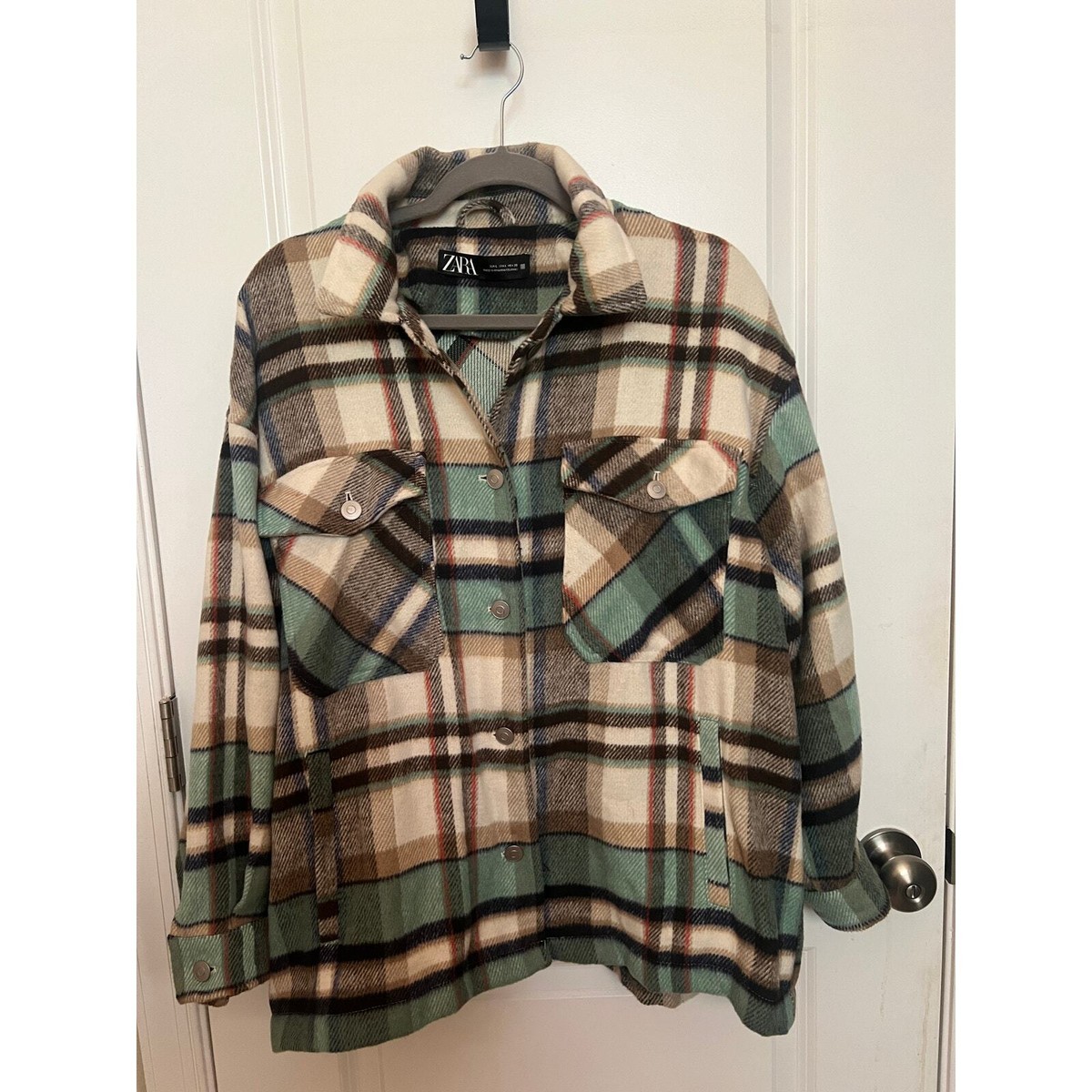 Zara Women's Large Button Down Shirt Check Plaid Beige Green Oversized  Jacket