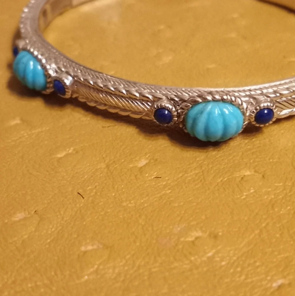Judith Ripka 925 Silver Lapis & Turquoise Hinged Bangle Bracelet Sm-Md  NWOT - Image 3 of 4