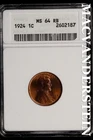 1924 Lincoln Wheat Cent-ANACS MS 64 RB Gem BU No Reserve #SLL552