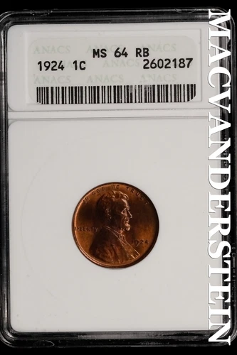1924 Lincoln Wheat Cent-ANACS MS 64 RB Gem BU No Reserve #SLL552