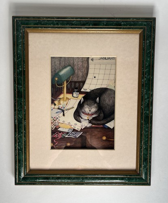 #ad Framed Print Wall Art Cat on Desk Vintage 1990s Litho In USA READ $29.50
