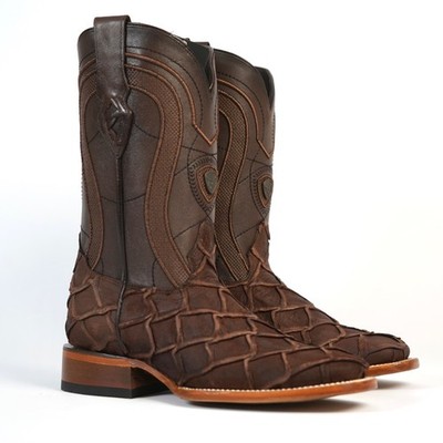 MEN'S PIRARUCU PRINT RODEO COWBOY BOOTS CHOCO SQUARE TOE LEATHER SOLES BOOTS