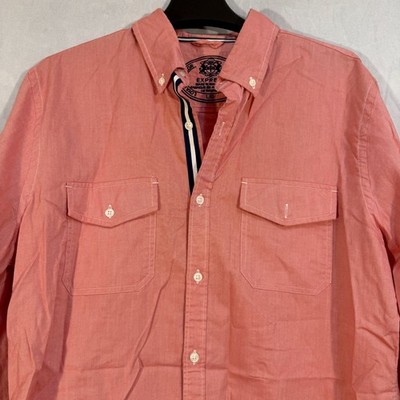 Express Long Sleeve Button Up Fitted Pink Denim Shirt L Flap Pockets Casual