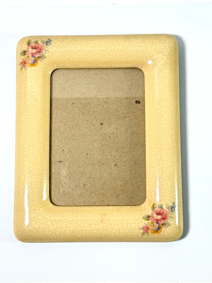 Vintage Ceramic Picture Frame 3.5x5 – Cream Crackle Glaze with Pink Roses - Image 2 of 4