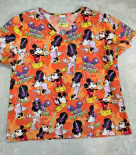 Disney Mickey  Minnie Mouse Frankenstein Halloween Women Orange Scrub Top XL