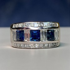 Nachlass Platin Saphir und Baguette Diamant breiter Band Cocktail Ring 5,80ctw