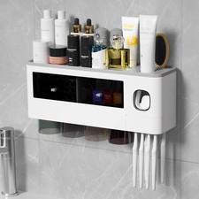 7 Toothbrush Holder Wall Mounted, Auto Toothpaste Dispenser, 2 Drawers, 4 Cups