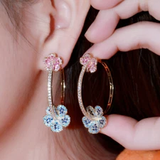 Elegant 585 Gold Color Blue Rose Red CZ Big Circle Flower Hoop Earrings for Lady