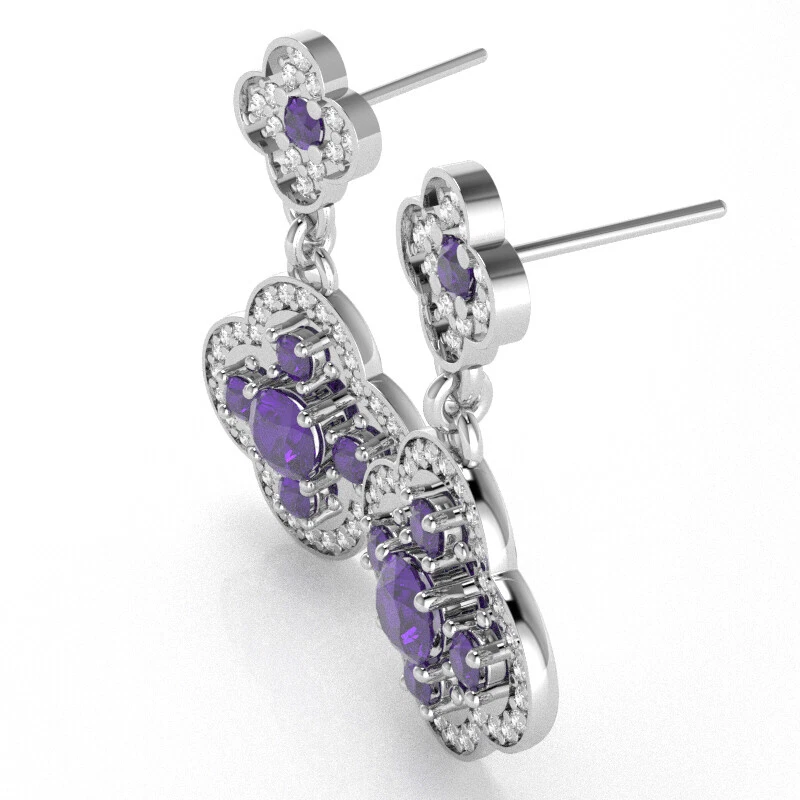 Shamrock Clover Flower Leaf Amethyst Diamond Earrings In 14k Gold - Image 2 of 4
