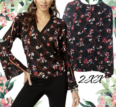 Womens Blouse Leon Blooming Plaid Black Thalia Sodi Size: 2XX NWT
