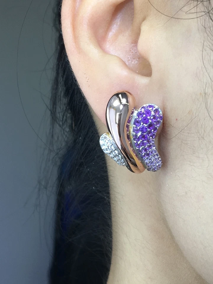 Pendientes Huggie de Plata 925 Amatista Topacio Blanco Hechos a Mano Chapados en Oro Rodio Foto 2 de 3