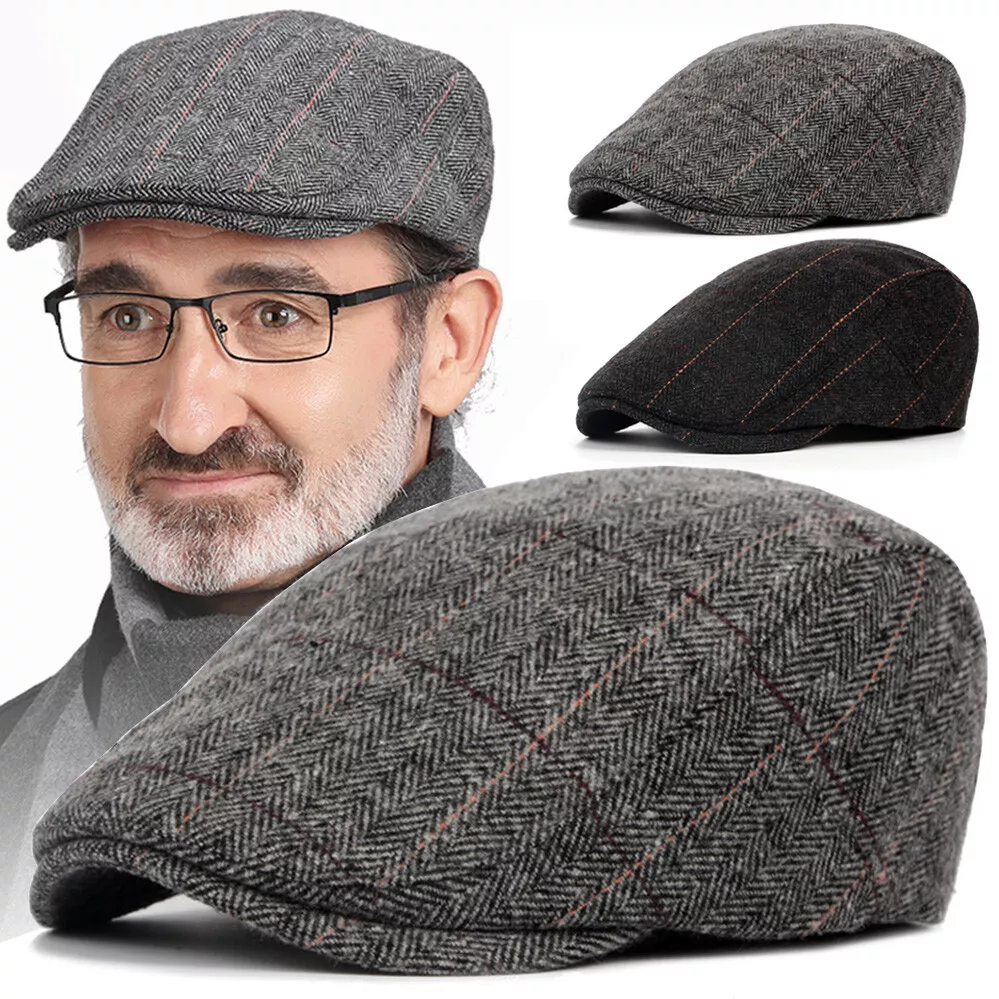 Men Beret Hat Driving Flat Golf Newsboy Cabbie Plaid Wool Winter