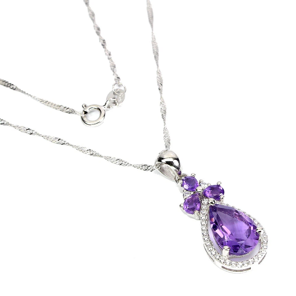 Collana In Argento Sterling 925 Con Pietra Naturale Ametista Pera 12x8mm 18in - Immagine 2 di 4