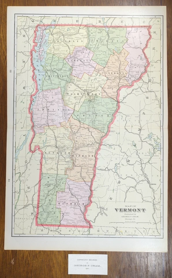 Mapa VERMONT 1901 14"x22" ~ Antiguo Antiguo Original RUTLAND WOODSTOCK VT Foto 2 de 4