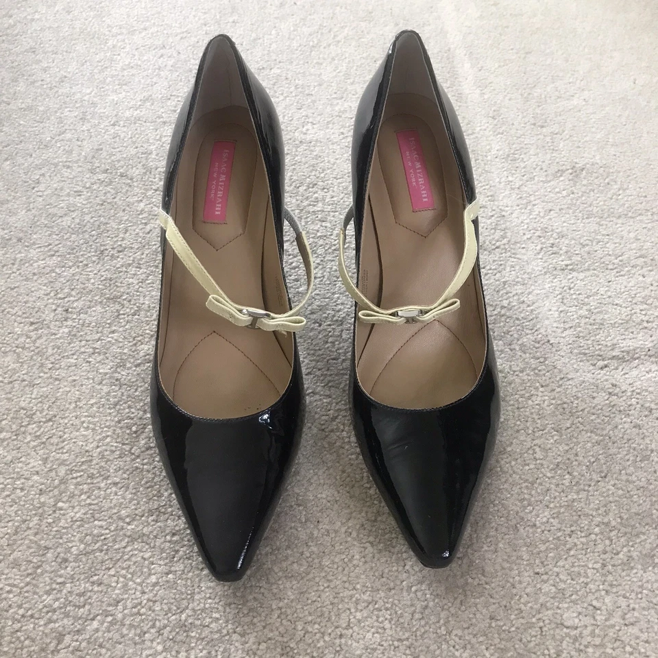 Isaac Mizrahi Isagalia 女式 3 英寸高跟鞋黑色 10 码踝黄色蝴蝶结二手状况完好 — 第 2/4 张图片