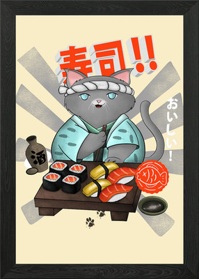 cat eating sushi Framed Wall Art Poster Canvas Print Picture