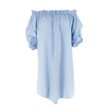 Love J Off Shoulder Blue White Striped Ruffle Sleeve Dress Women's Medium Boho