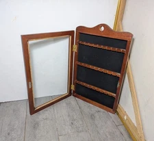 Vintage Wood Wall Souvenir Spoon Rack Display Case Cabinet w Glass Door L85