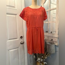 Madewell Coral Orange Floral Eyelet Cotton Dress Short Sleeve Drawstring Mini