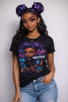 Cute But Competitive Gamer Tee Styled Mockup Neon Gaming Shirt Trendy Streetwear