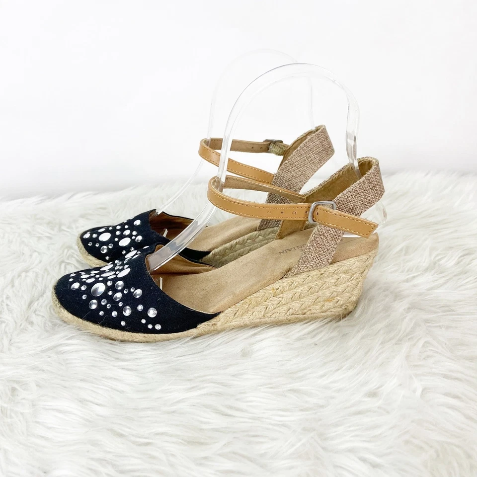 White Mountain 6 Womens Black Stud Canvas Ankle Strap Espadrille Wedges - Image 4 of 4