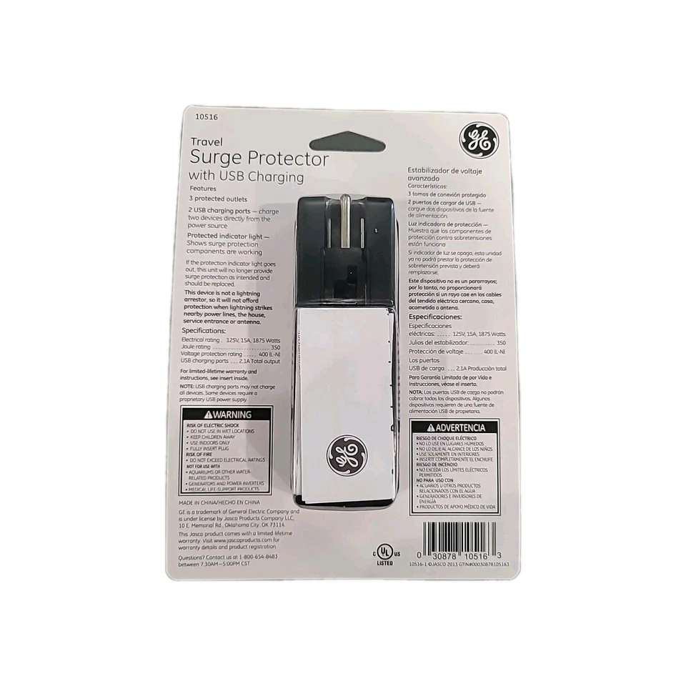 New GE 10516 3 Outlet Travel Surge Protector 350 Joules with USB ports - Image 2 of 2