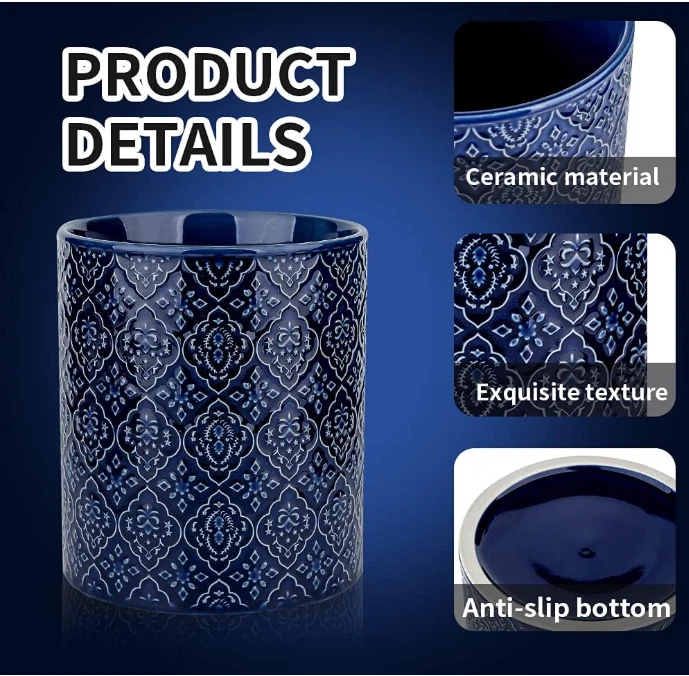 Portautensilios Cocina Cerámico Grande 6x7” Estable y Profundo con Relieve Azul Foto 3 de 4