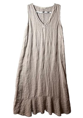 Francesca Bettini Italy Linen Dress Womens Lagenlook Taupe V-Neck Ruffle Hem
