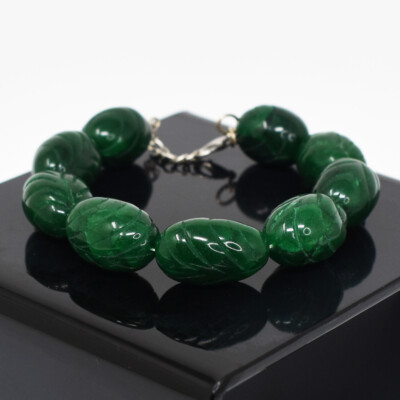 303 kt Erde abgebaut 7 Zoll lang Smaragd ovale Form geschnitzte Perlen Armband JK-53E346