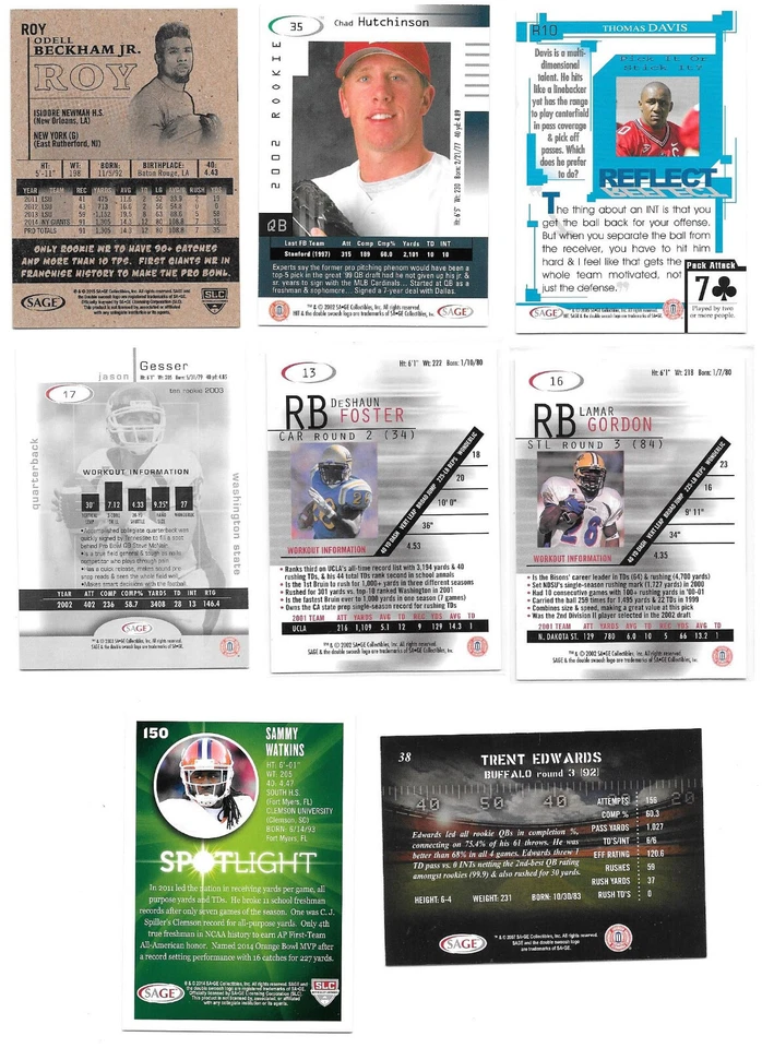 Lot of 8 Sage Football Draft Cards - Various Years - Watkins, Beckham, Edwards - Image 2 of 2