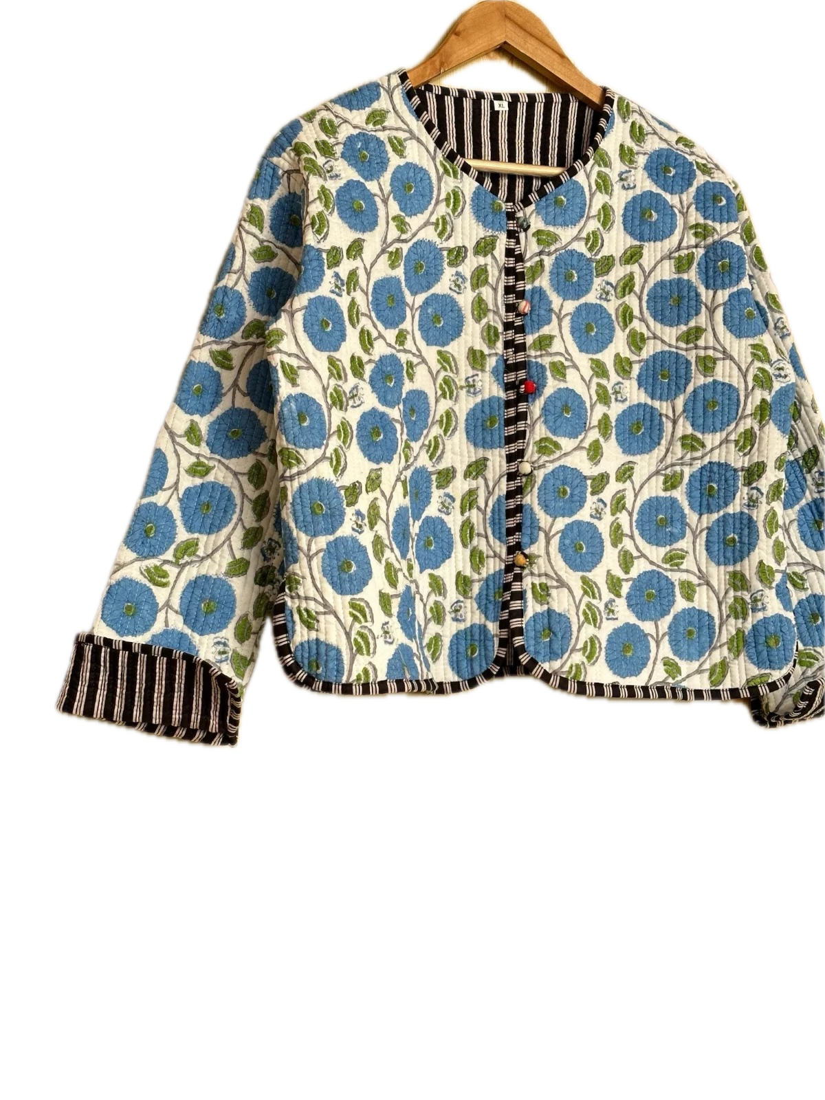 Indian Blue Floral Printed Cotton Quilted Unisex Jacket Women's Clothing Jacket