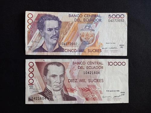 ECUADOR 5000 (1992) + 10000 (1995) SUCRES Banknotes - Circculated