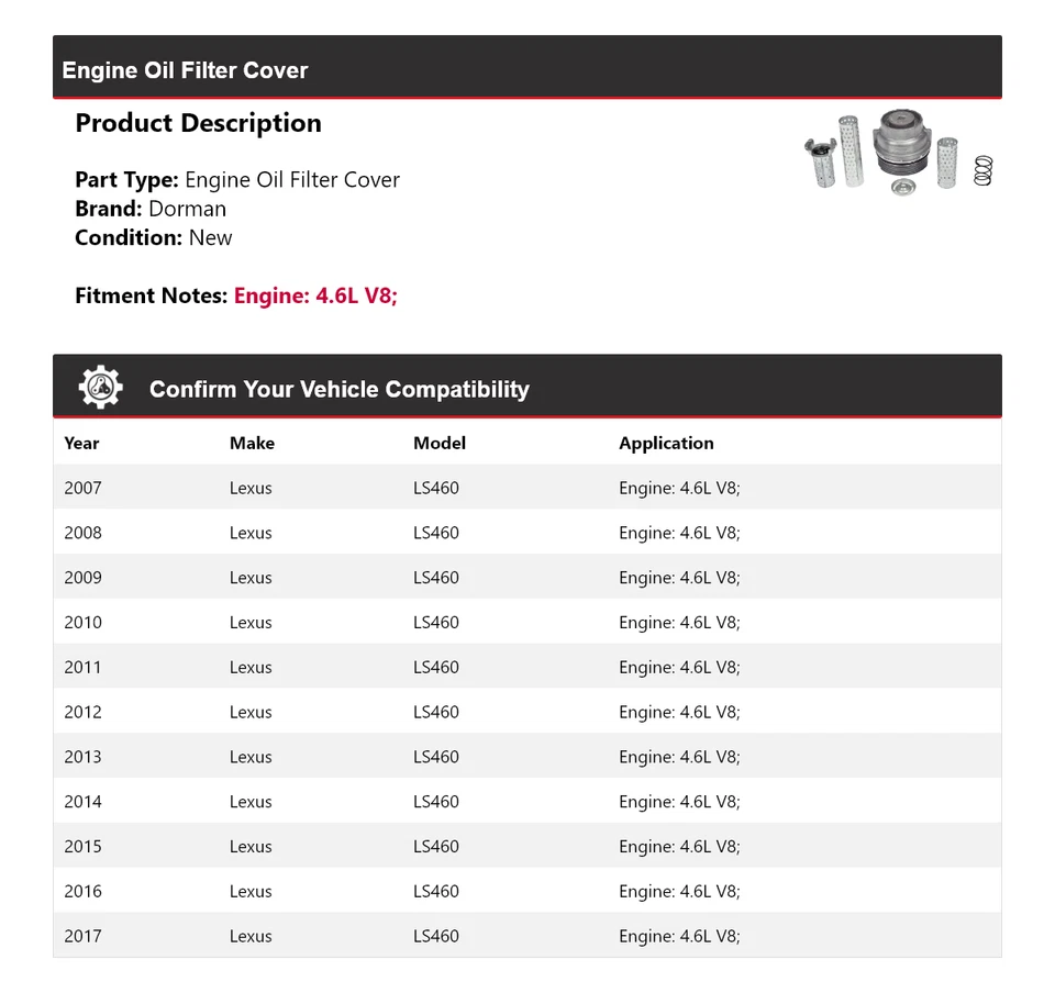 Cubierta de filtro de aceite del motor Dorman V8 4,6 L 2008 2009 2010 para Lexus LS460 2007-2017 Foto 2 de 4