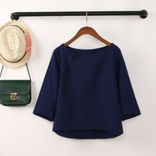 Ladies Casual Linen Cotton T-shirt Batwing Sleeve Shirt Tops Blouse Ethnic Solid