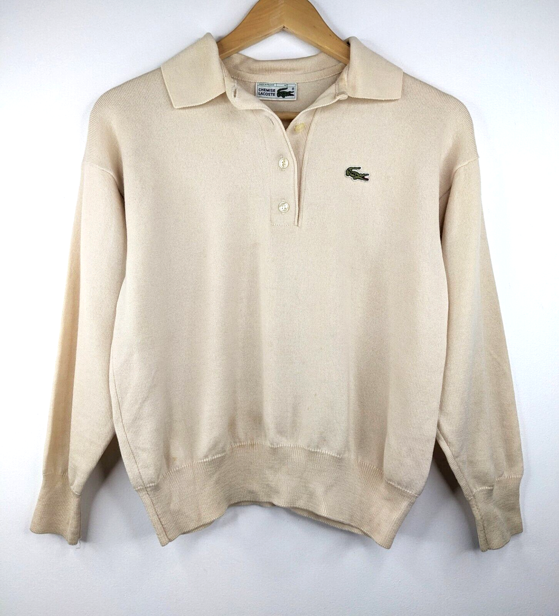 Vintage 80s CHEMISE LACOSTE France Pure New Wool Beige Knit Jumper 
