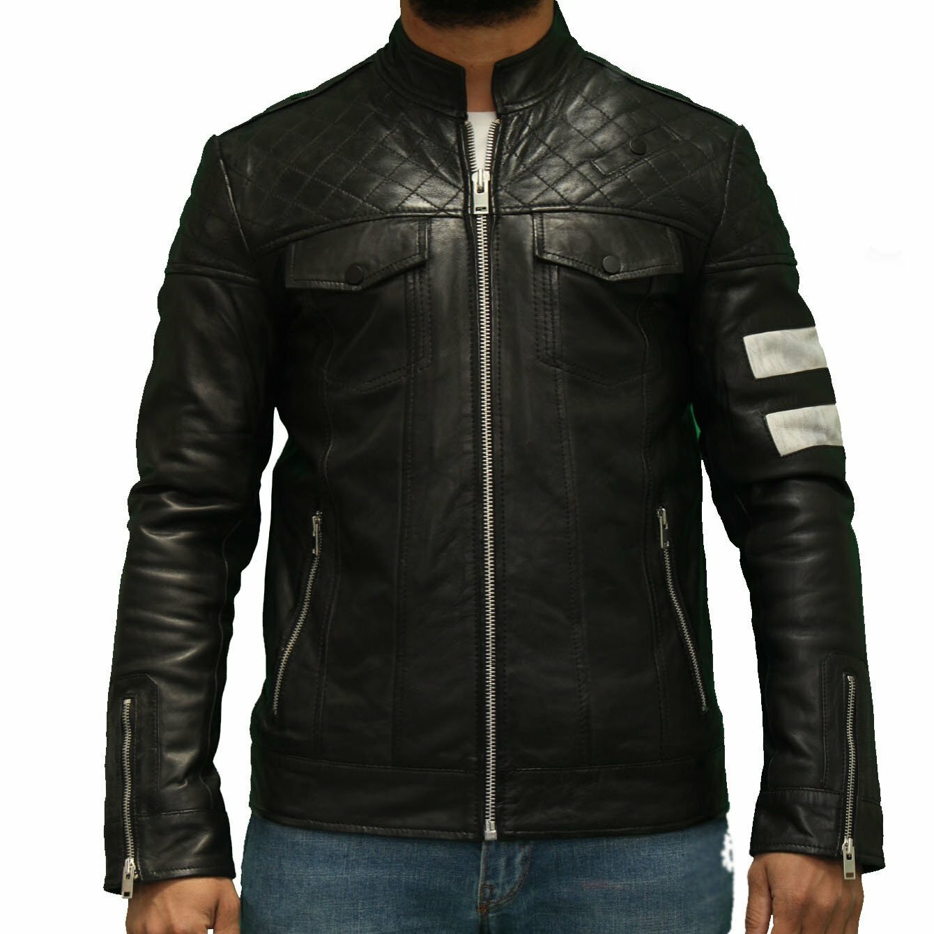 Jacket Leather Biker Motorcycle Mens Coat Vintage Bomber Lambskin Slim Black 79-image