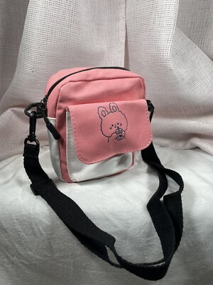Kawaii Canvas Crossbody Bag Bunny Boba Print Color Contrast Pink