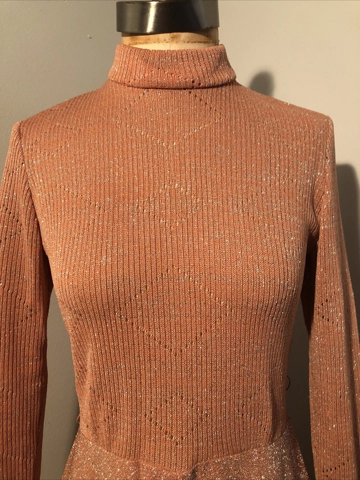 Maxi Vestido Disco Anfitriona De Colección Años 70 Rosa Plata Tejido Lúrex Manga Larga XS/S ILGWU Foto 3 de 4