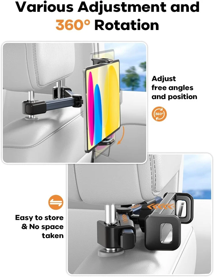 4.7-12.9" Car Back Seat Headrest 360° Mount Tablet Holder for iPad Phone Samsung - Image 4 of 4