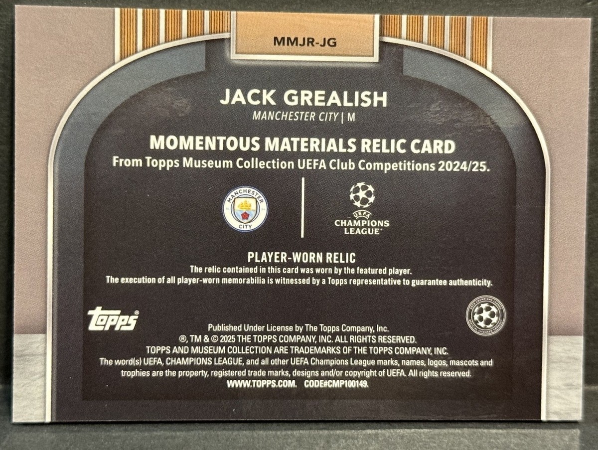 2024-25 Topps Museum UCC Man City Jack Grealish Player Worn Patch